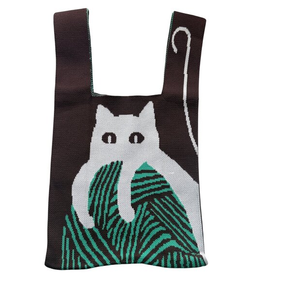 Hundred & One Knitted Tote Bag With Cat Design Brown/Green 12" x 7.5" New - Picture 2 of 4